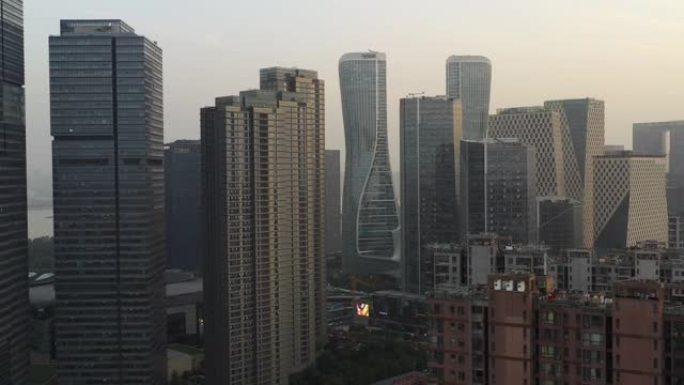 日出时间杭州城市飞行中心空中全景4k中国