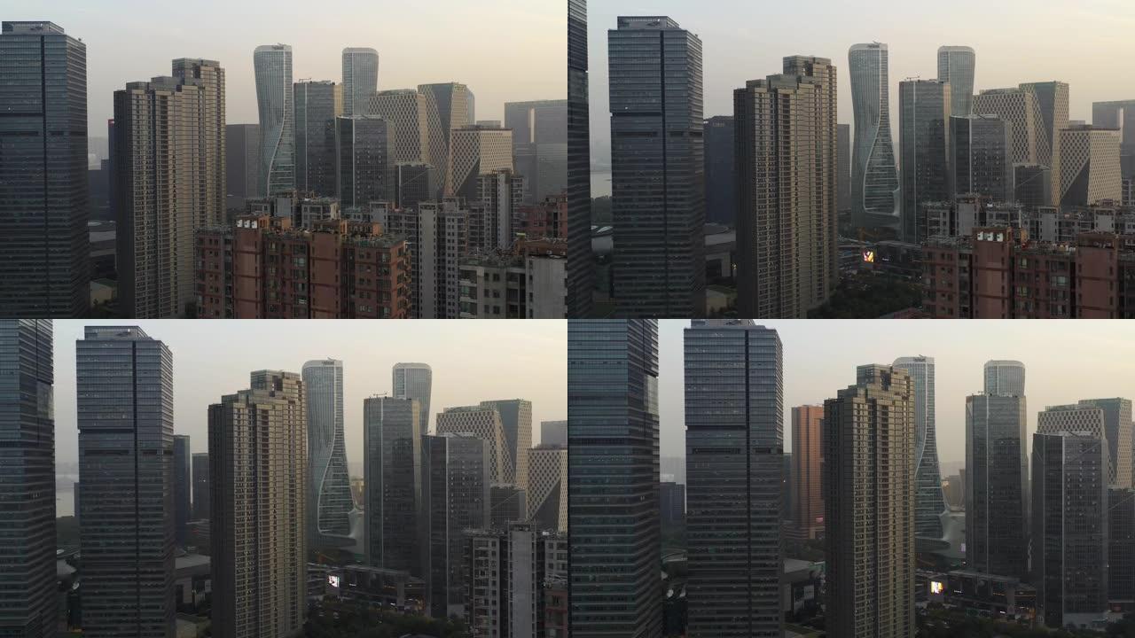 日出时间杭州城市飞行中心空中全景4k中国