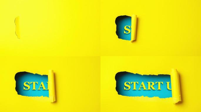 黄色的纸被撕成蓝色的背景，带有 “业务”，定格动作，动画。成功理念。