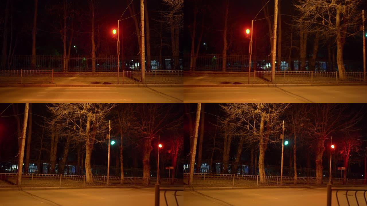 辛菲罗波尔夜间空荡荡的城市街道。行人过路交通灯。