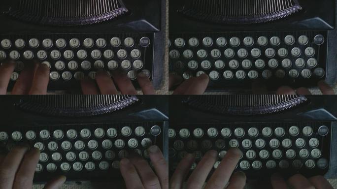 特写镜头一个男人的手在一台老式复古打字机上打字。俄语字母表。媒体或传播概念。从上方观看。电影4k视频