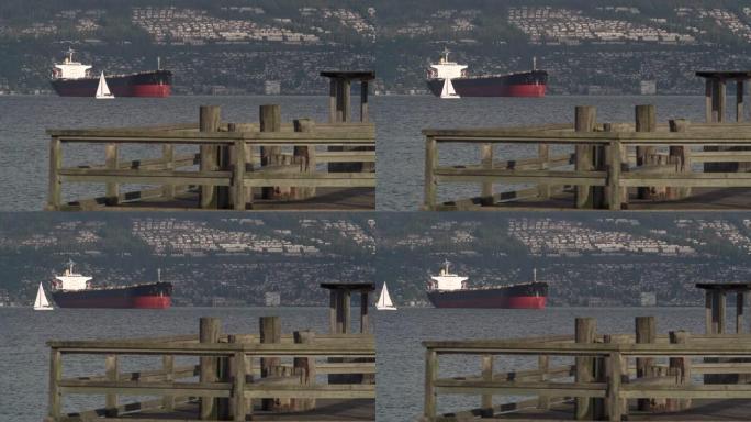 英吉利湾帆船和货轮温哥华4K UHD