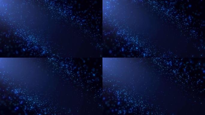 幻影蓝色粒子抽象背景与耀斑闪耀地板粒子星星尘埃。美丽的未来闪闪发光的苍蝇运动闪烁循环在黑色背景的空间
