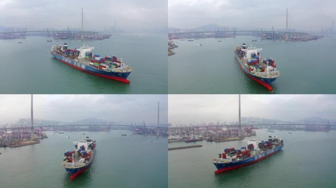 具有码头商业港口背景的鸟瞰式集装箱货船，用于商业物流，进出口，运输或运输