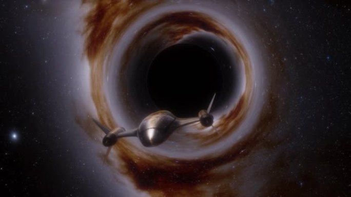 宇宙飞船飞向太空中的黑洞。空间、光和时间在黑洞的事件视界上被强引力扭曲。