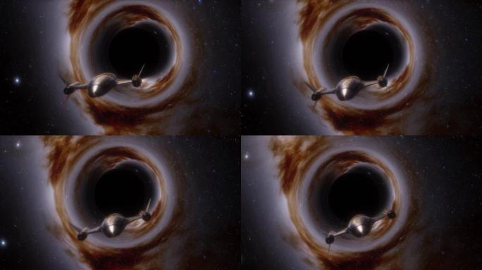 宇宙飞船飞向太空中的黑洞。空间、光和时间在黑洞的事件视界上被强引力扭曲。