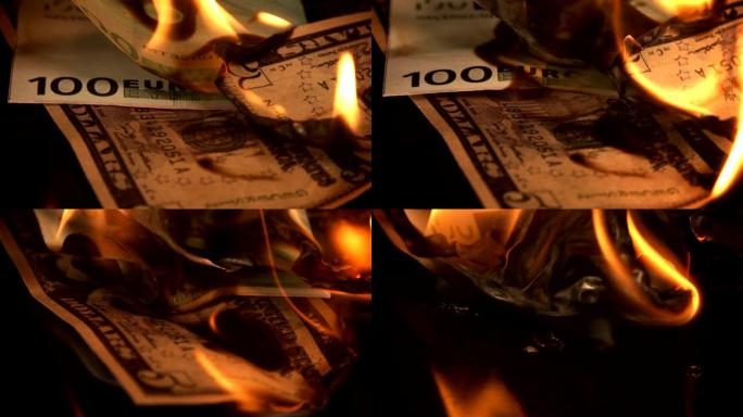 纸美元和欧元硬币着火了