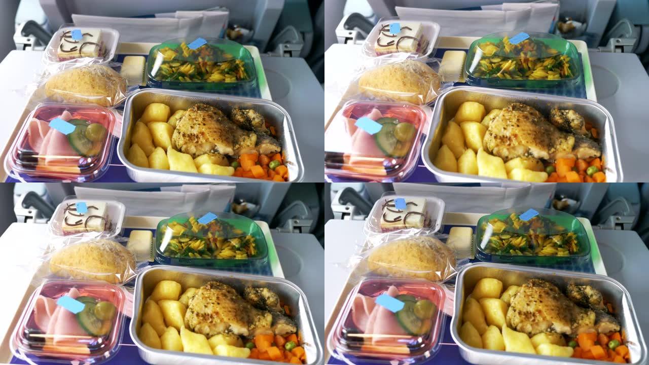 飞机上以4k慢动作60fps提供美味的饭菜