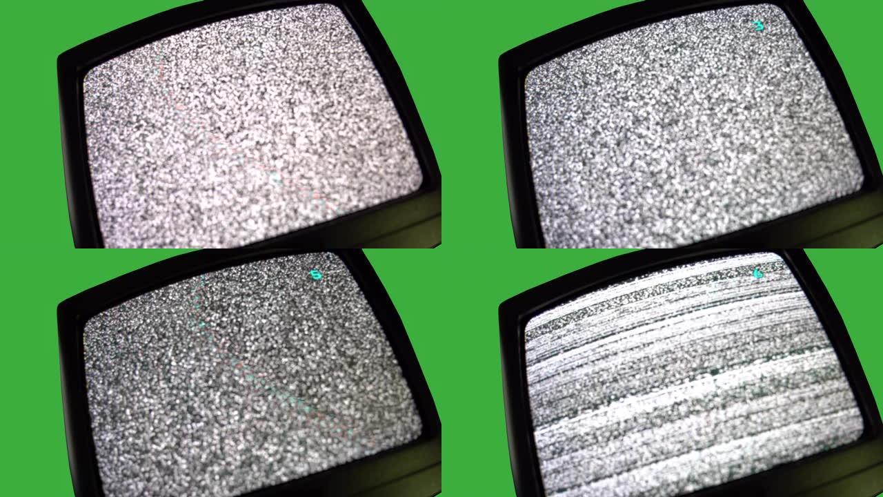 老式电视屏幕具有黑白纹理效果，噪音静态概念。复古电视打开和关闭频道，带噪音干扰的破损有线电视