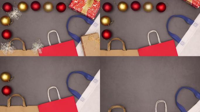 购物袋、礼物、金色和红色圣诞饰品与文字停止运动场所