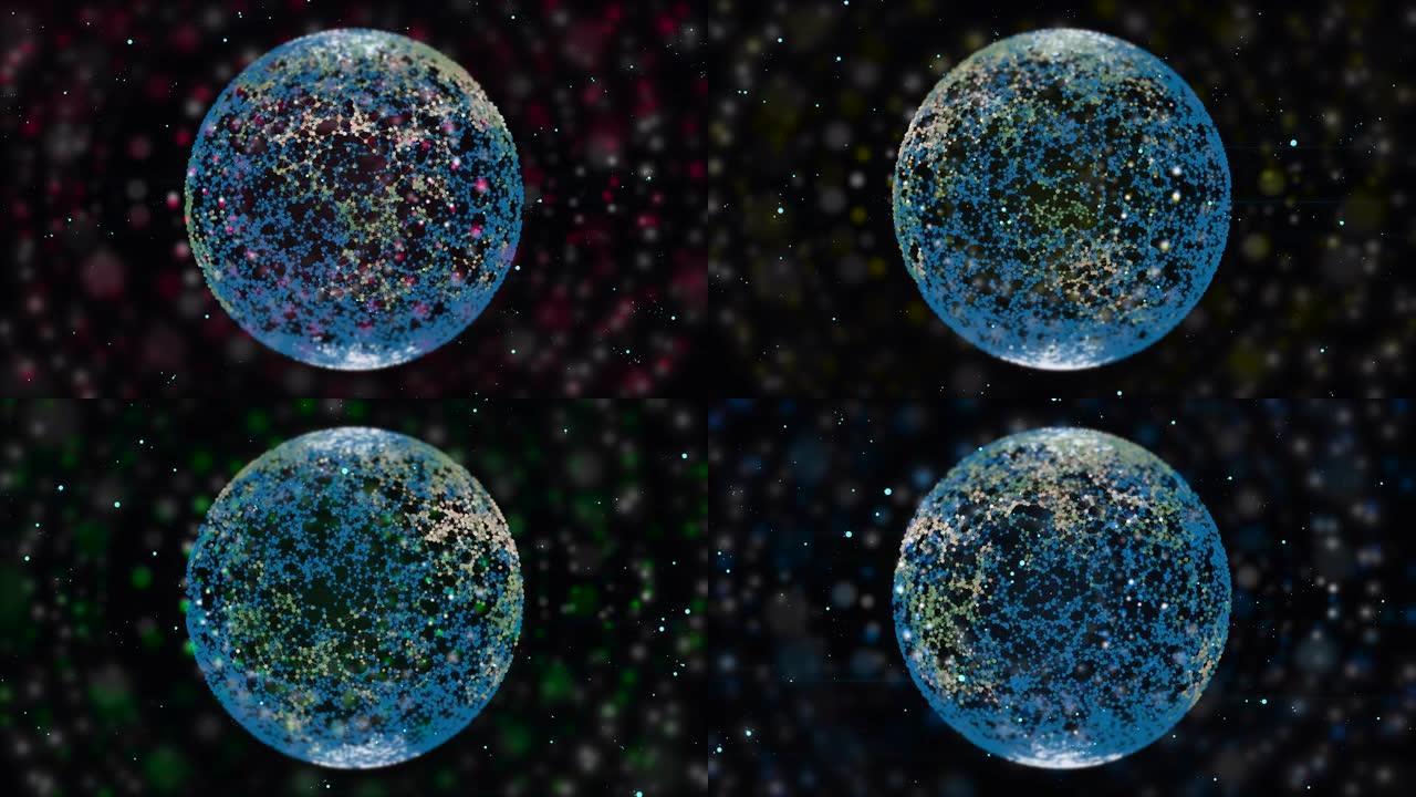抽象的蓝色和黄色霓虹灯晶格球体在黑暗背景上旋转的可循环动画，其中bokeh粒子会改变颜色。