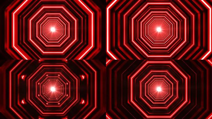 八角形循环霓虹红4k动画隧道