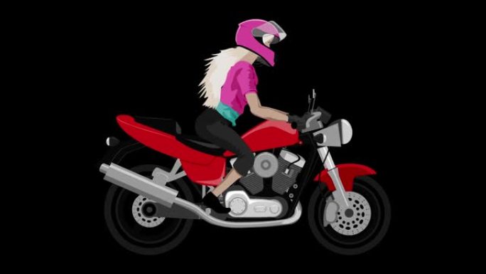 彩色经典摩托车与女孩骑手侧视图孤立涂鸦风格循环动画
