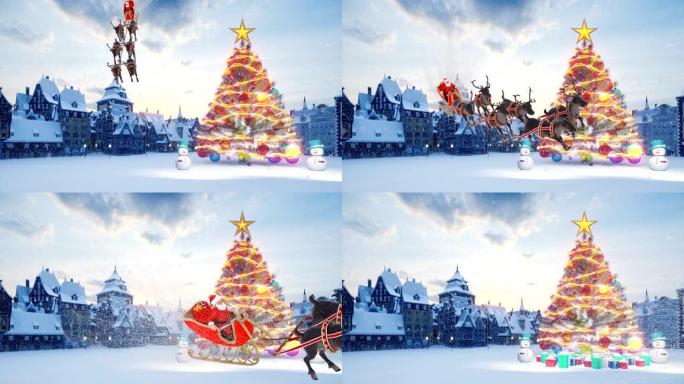 圣诞树上有五颜六色的彩球。圣诞老人和圣诞驯鹿一起在雪橇上。雪人和圣诞节和新年装饰品和礼物。一个期待假