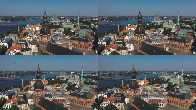 拉脱维亚里加-2019年5月: 道加瓦河附近里加老城的鸟瞰图。