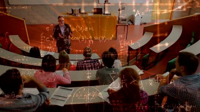 师生在被数学符号动画包围的礼堂中
