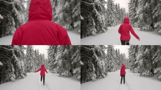 在白雪皑皑的森林中奔跑的女人