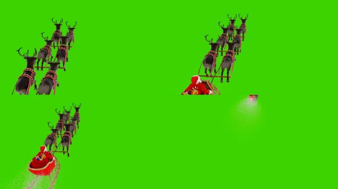 圣诞老人与驯鹿一起乘坐圣诞雪橇飞行。绿色屏幕前的动画。