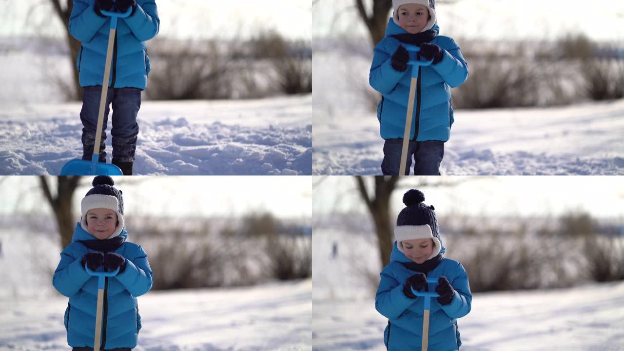 冬天铲雪的小男孩。