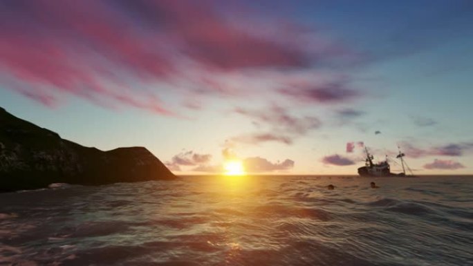 海难在一个岛屿附近，水手们在美丽的日落下向岸边游泳，4K
