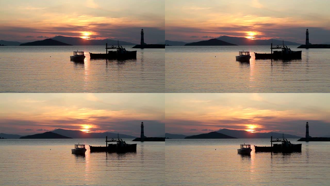 博德鲁姆海滨小镇和壮观的日落。土耳其穆格拉