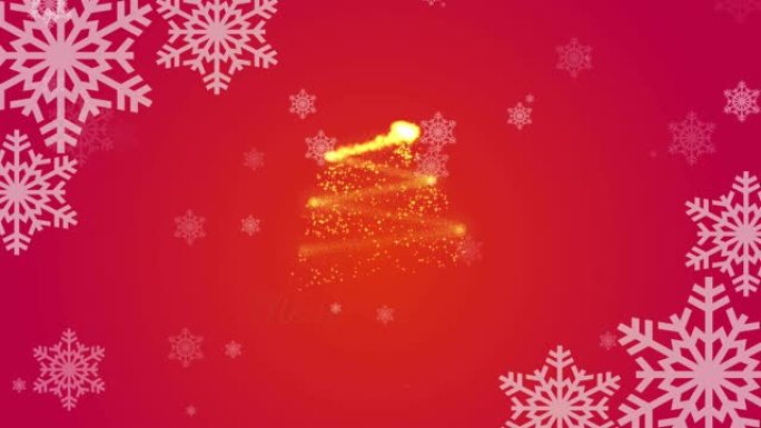 圣诞快乐，新年快乐，红色背景上有旋转的雪花和画圣诞树