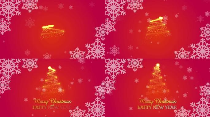 圣诞快乐，新年快乐，红色背景上有旋转的雪花和画圣诞树