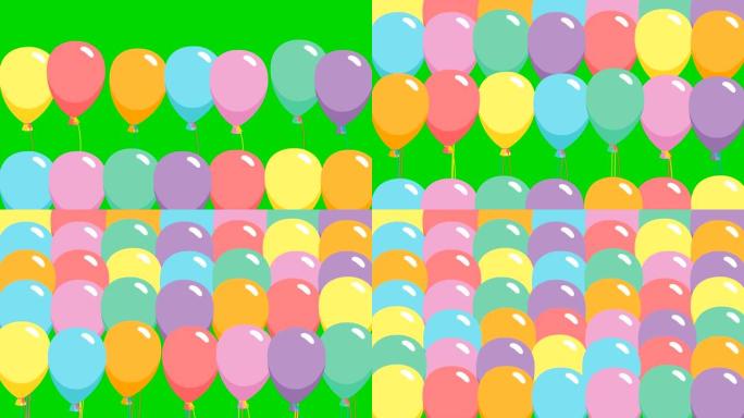 动画彩色气球从下往上飞。孤立在绿色背景上的平面矢量插图。