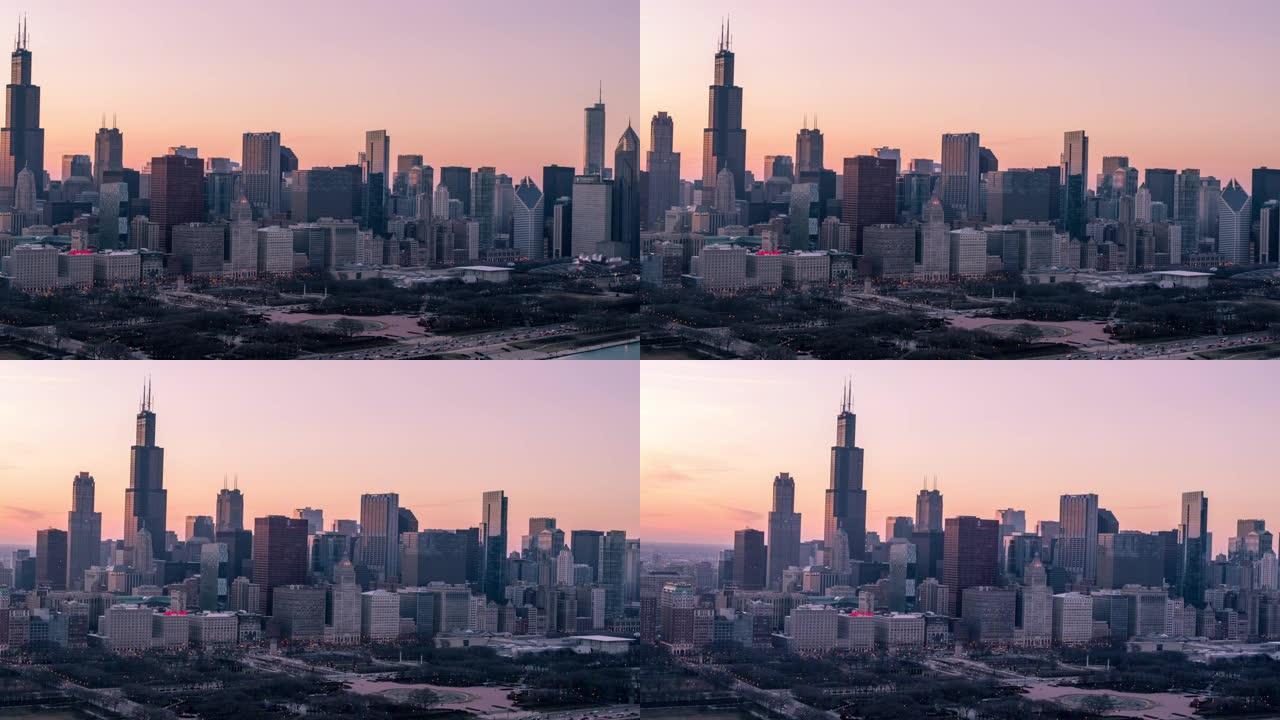 美国芝加哥市中心上空的粉红色日落