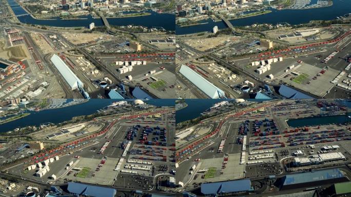 船厂空中v19飞越大型商业船厂和船舶俯视。
