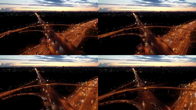 从空中看汽车在立交桥上的运动与环城公路和城市出口的交叉路口