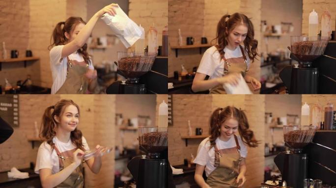 年轻开朗的咖啡师女人煮咖啡