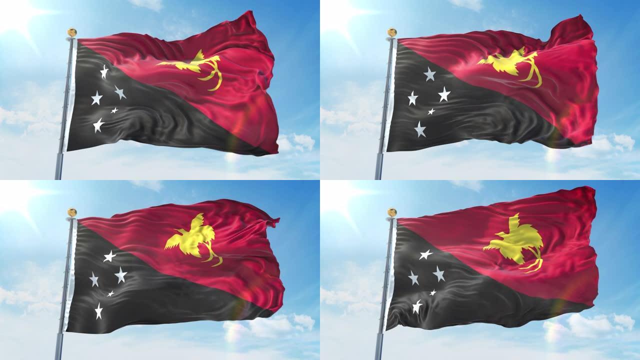在深蓝色的天空中飘扬的巴布亚新几内亚国旗。国家主题，国际理念。3D渲染无缝循环4K
