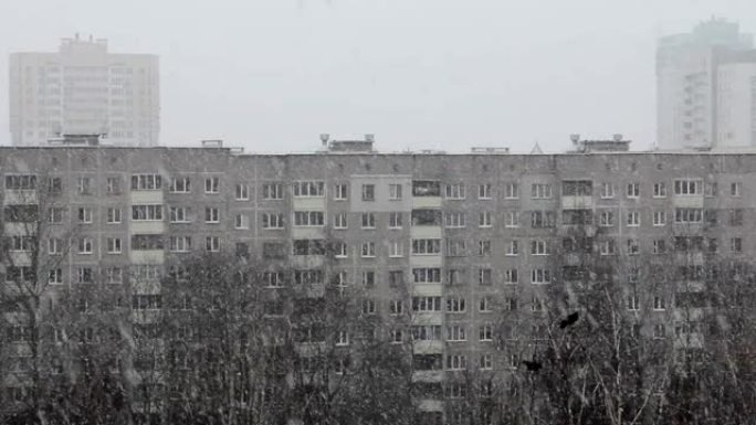 多层房屋和树木背景下的城市降雪