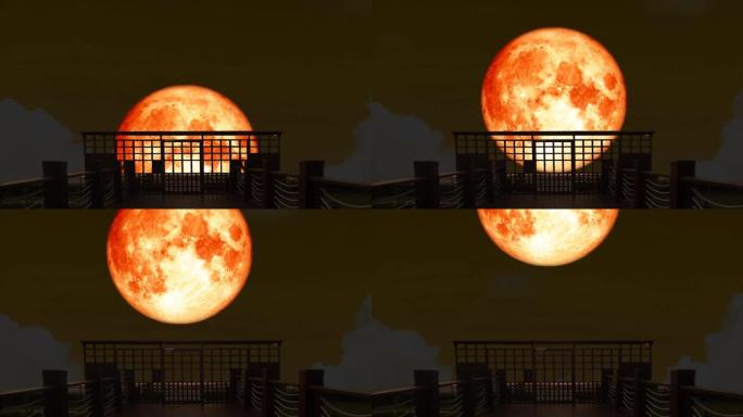 4k超级血月在夜空的剪影桥上升起