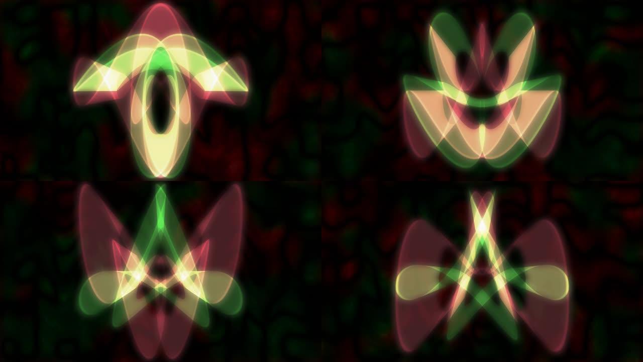 抽象红绿圣诞分形雪花形状发光-4k无缝循环运动背景动画