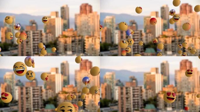 Emoji图标飞越城市景观4k