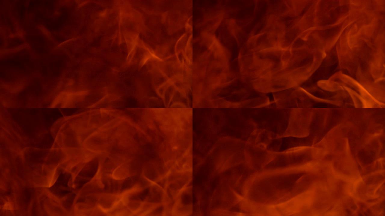 慢动作火焰在黑暗背景上燃烧发光，红色热火焰在黑暗屏幕上的全火焰上运动，危险的热火焰爆炸，用于图形创意