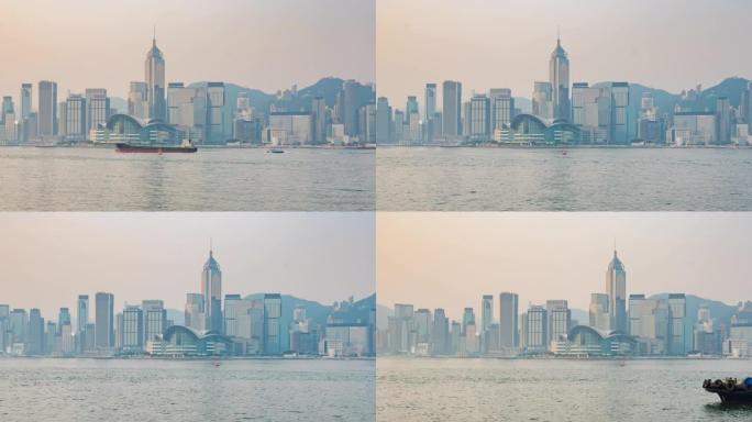 延时视图香港天际线，香港城市景观维多利亚港上空的摩天大楼，中国香港