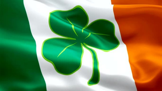 圣帕特里克国旗爱尔兰视频在风中挥舞着四叶草。圣帕特里克爱尔兰国旗背景。爱尔兰国旗循环特写1080p全