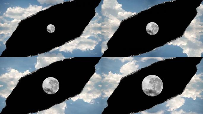 创意4k时间在天空中播放视频孔，移动的云层边缘撕裂，就像在纸上一样，并从充满发光月亮的黑暗空间中进入