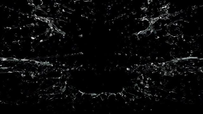 黑色背景上的水晶般清澈的水飞溅动画