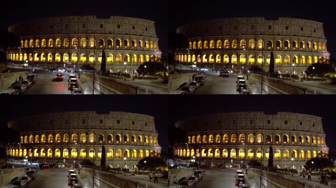 令人惊叹的古罗马斗兽场夜景。灯光照亮的罗马圆形剧场吸引了来自世界各地的游客。意大利历史地标具有丰富的