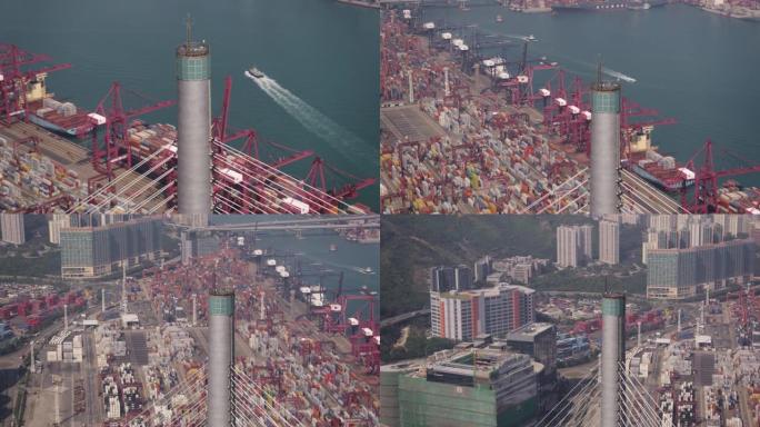 香港空中v106特写鸟眼在昂船洲桥杆塔周围飞行，船厂景观2/17