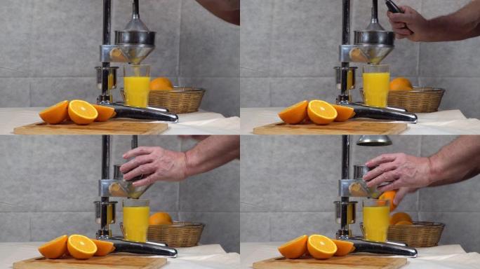 从橙子中获取橙汁的印刷机的操作