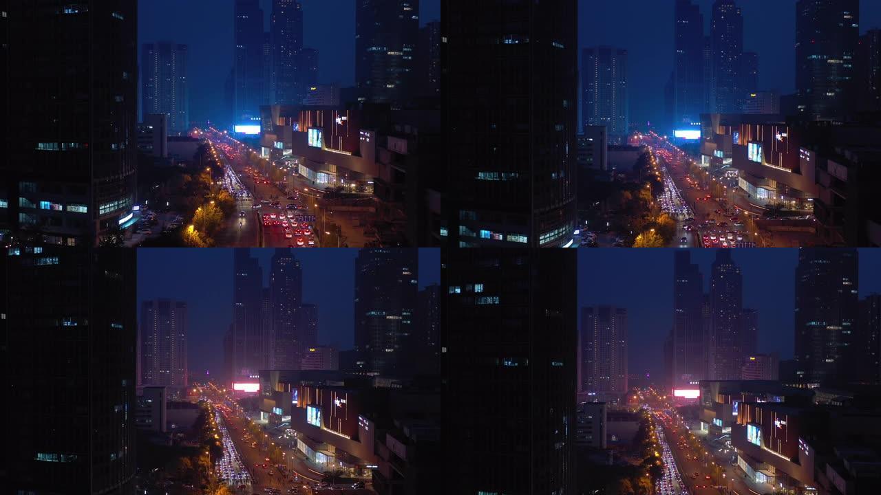 暮光之夜照明青岛市市中心交通街空中全景4k中国