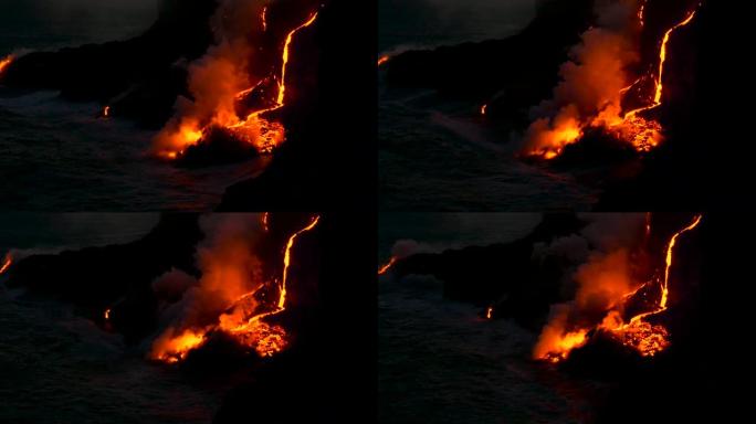 火山爆发熔岩流入水中夏威夷