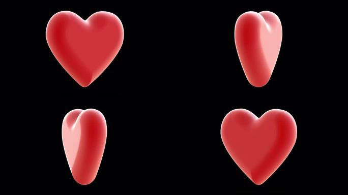 大红心旋转的3D动画。情人节概念。