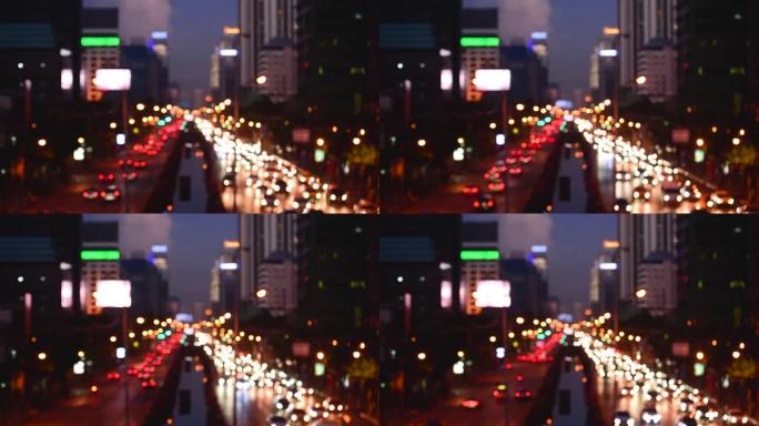 Bokeh抽象模糊背景节日交通黄色橙色绿色红色灯光汽车在道路上闪闪发光的圆形动画运动3D。现代城市中