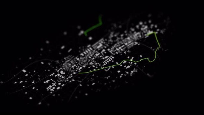 3D渲染城市地图，带全球定位系统导航器和不同颜色的路线航路点，在深色背景上带阿尔法哑光，选择聚焦浅景